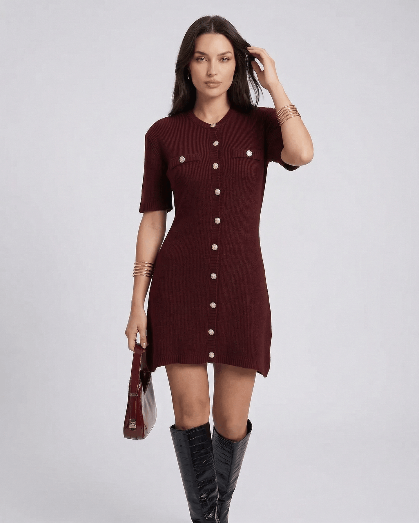 Pantelleria Mini Dress, burgundy color, button-up style, chic silhouette, perfect for casual outings, RAMBLION brand.