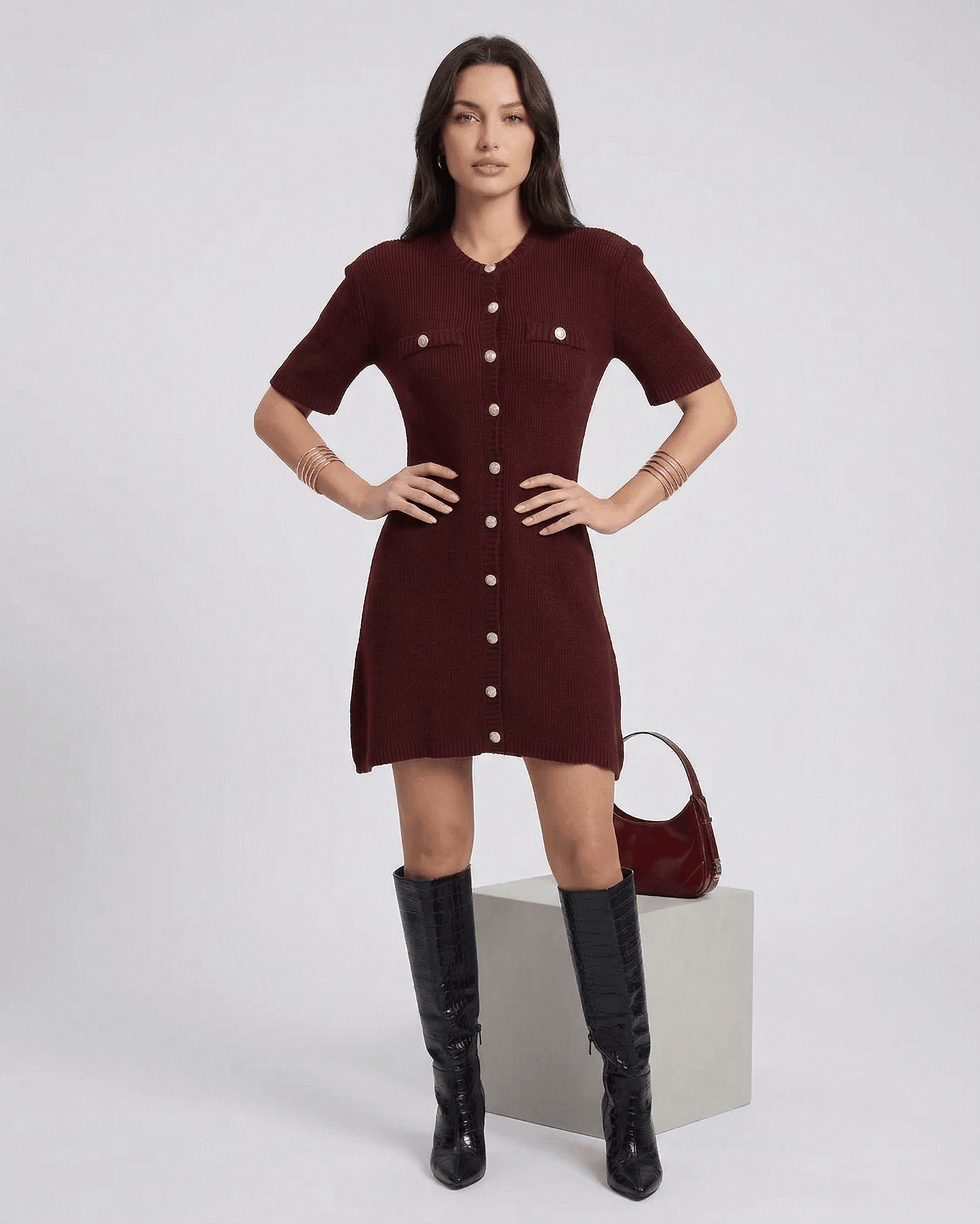 Pantelleria Mini Dress: Burgundy knit design, button details, perfect for casual or chic occasions by RAMBLION.