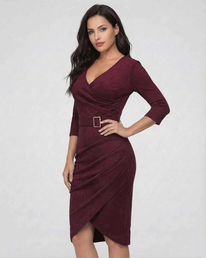 Red Organza Midi Dress by RAMBLION, featuring V neck, 100% polyester, perfect for elegant evening occasions.