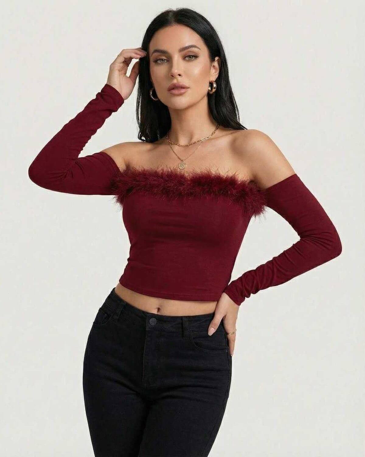 Geri Top by RAMBLION, red off the shoulder long sleeve mini dress, stylish and chic for evening wear.