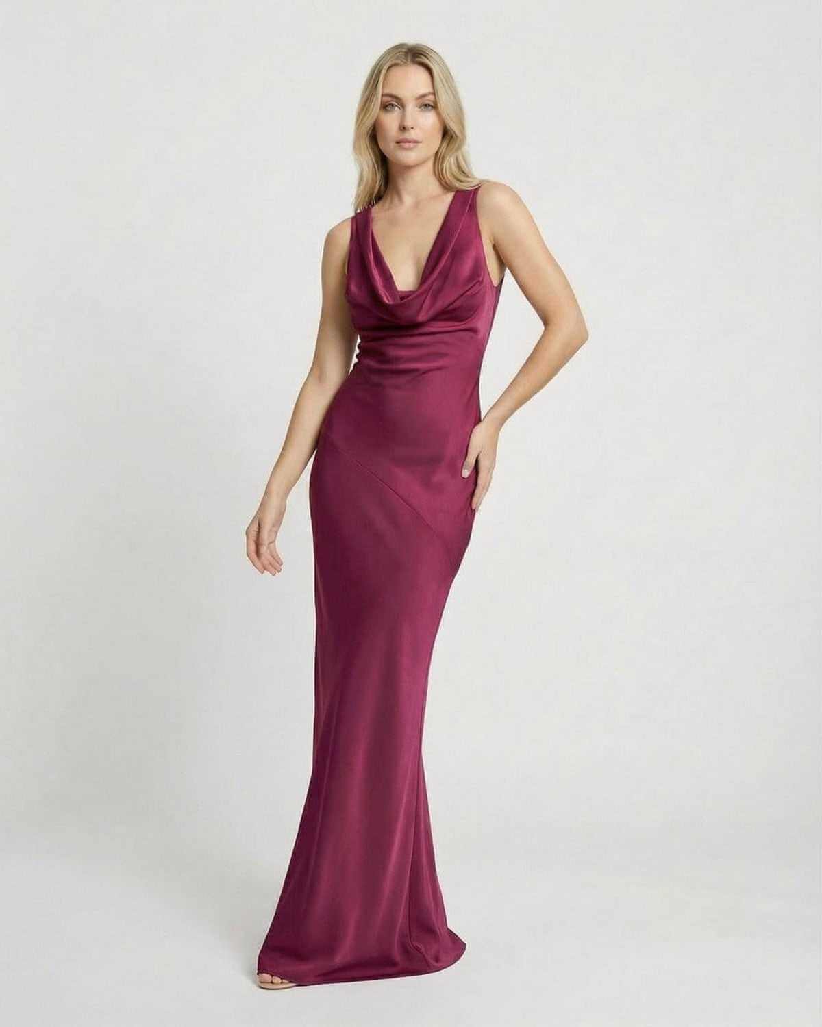Sequin Maxi Dress by RAMBLION, elegant burgundy color, floor-length silhouette, perfect for formal occasions.