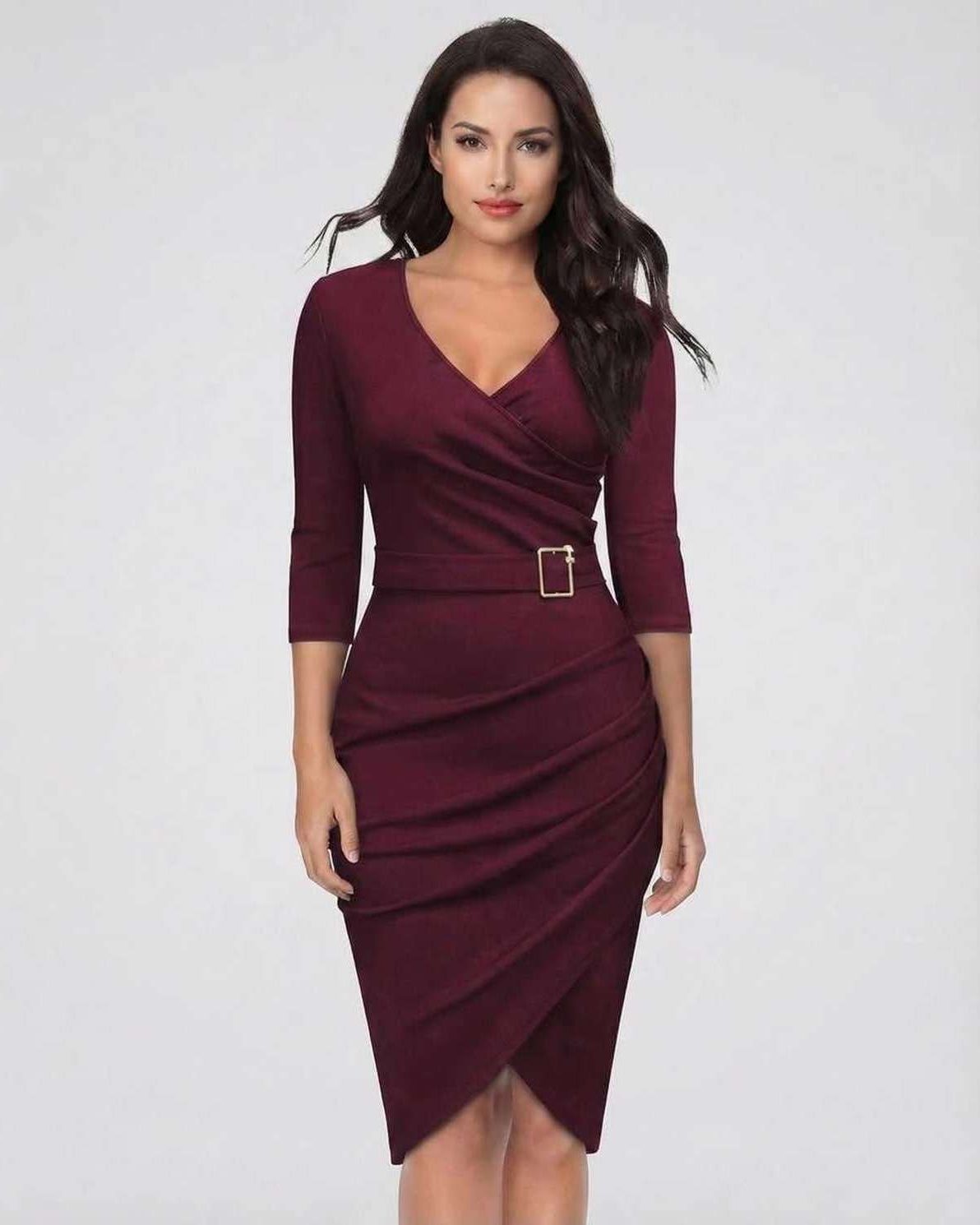 Elegant Organza Midi Dress in red, V neck, perfect for formal occasions, by RAMBLION.
