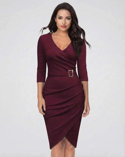 Elegant Organza Midi Dress in red, V neck, perfect for formal occasions, by RAMBLION.