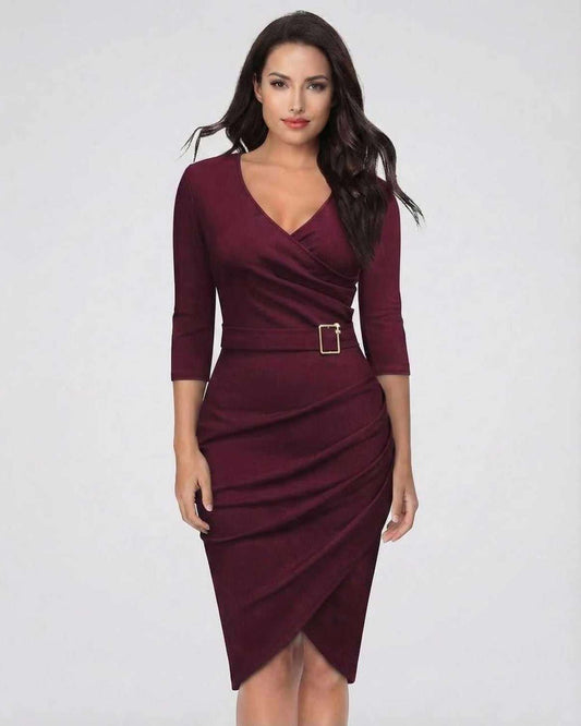 Elegant Organza Midi Dress in red, V neck, perfect for formal occasions, by RAMBLION.