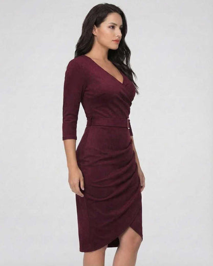 Organza Midi Dress by RAMBLION, red polyester elegance, V neck, perfect for evening events.