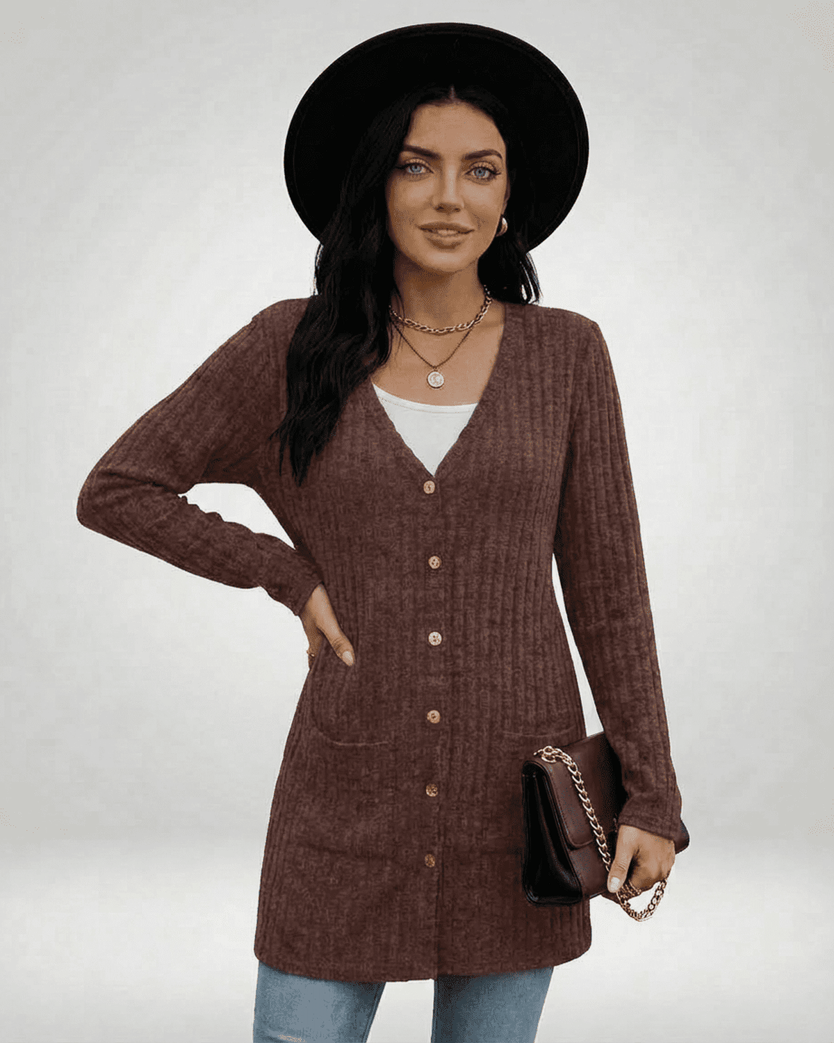 Cairo Cardigan - Longline button-front knitwear in brown worn by model.