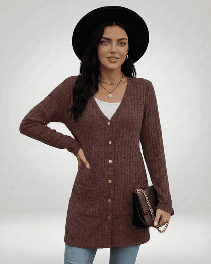 Cairo Cardigan - Longline button-front knitwear in brown worn by model.
