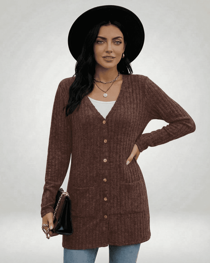 Cairo Cardigan in rich brown with button-front design, paired with a stylish hat and accessories.