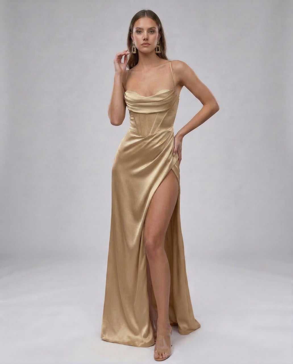 Cano Maxi Dress by RAMBLION, elegant beige satin gown with sweetheart neckline, perfect for evening occasions.