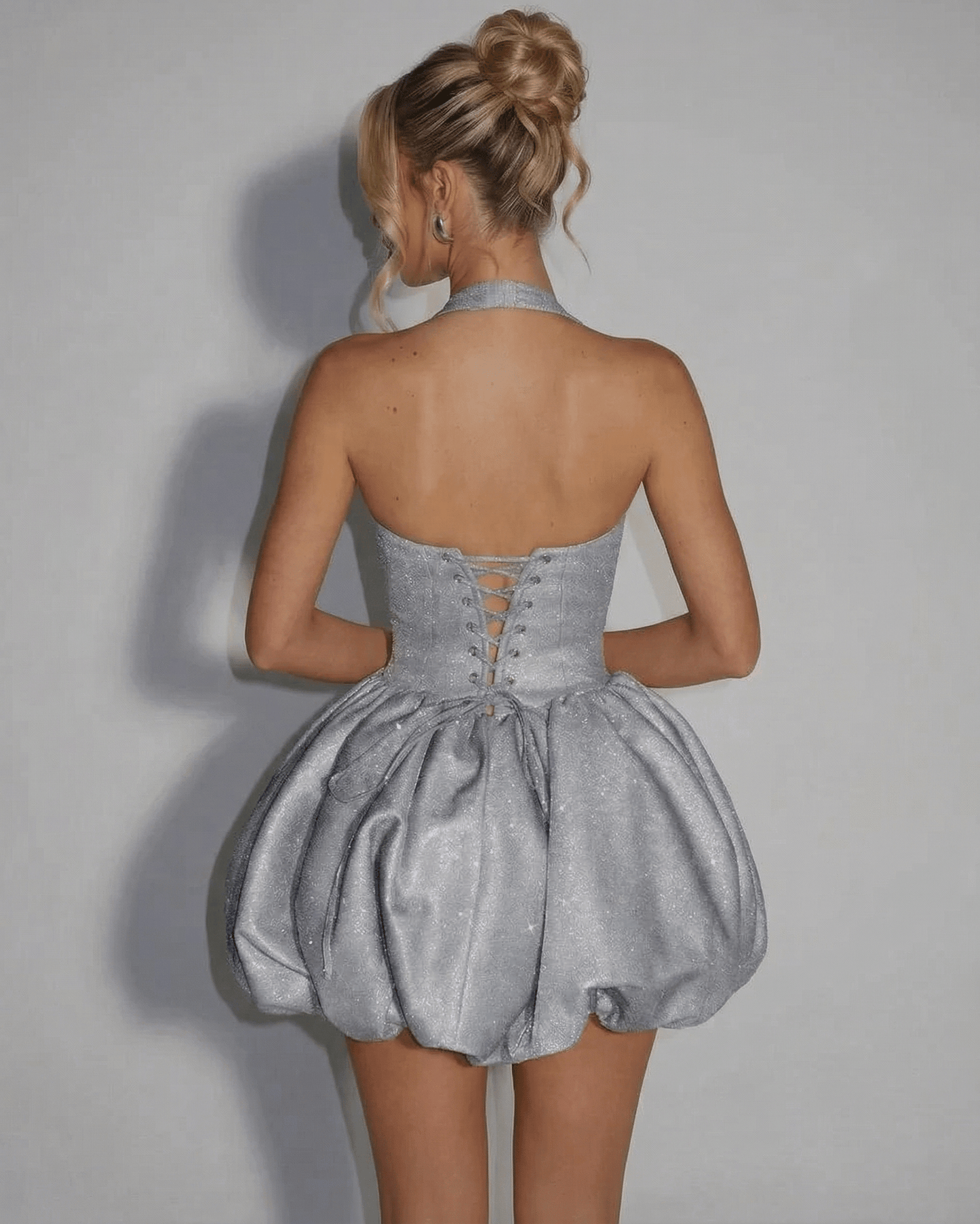 Care Mini Dress by RAMBLION, silver pouf silhouette, luxurious texture, perfect for parties and special occasions.