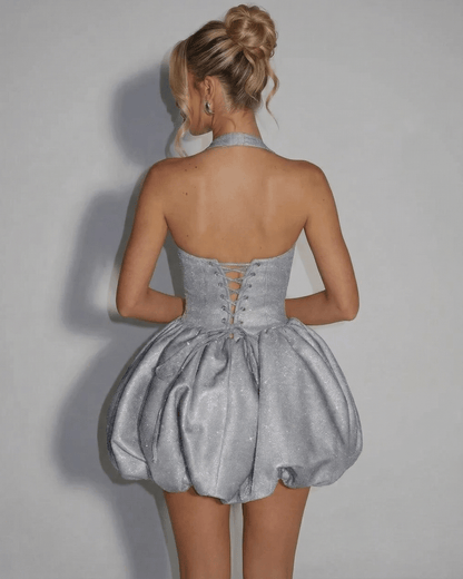 Care Mini Dress by RAMBLION, silver pouf silhouette, luxurious texture, perfect for parties and special occasions.