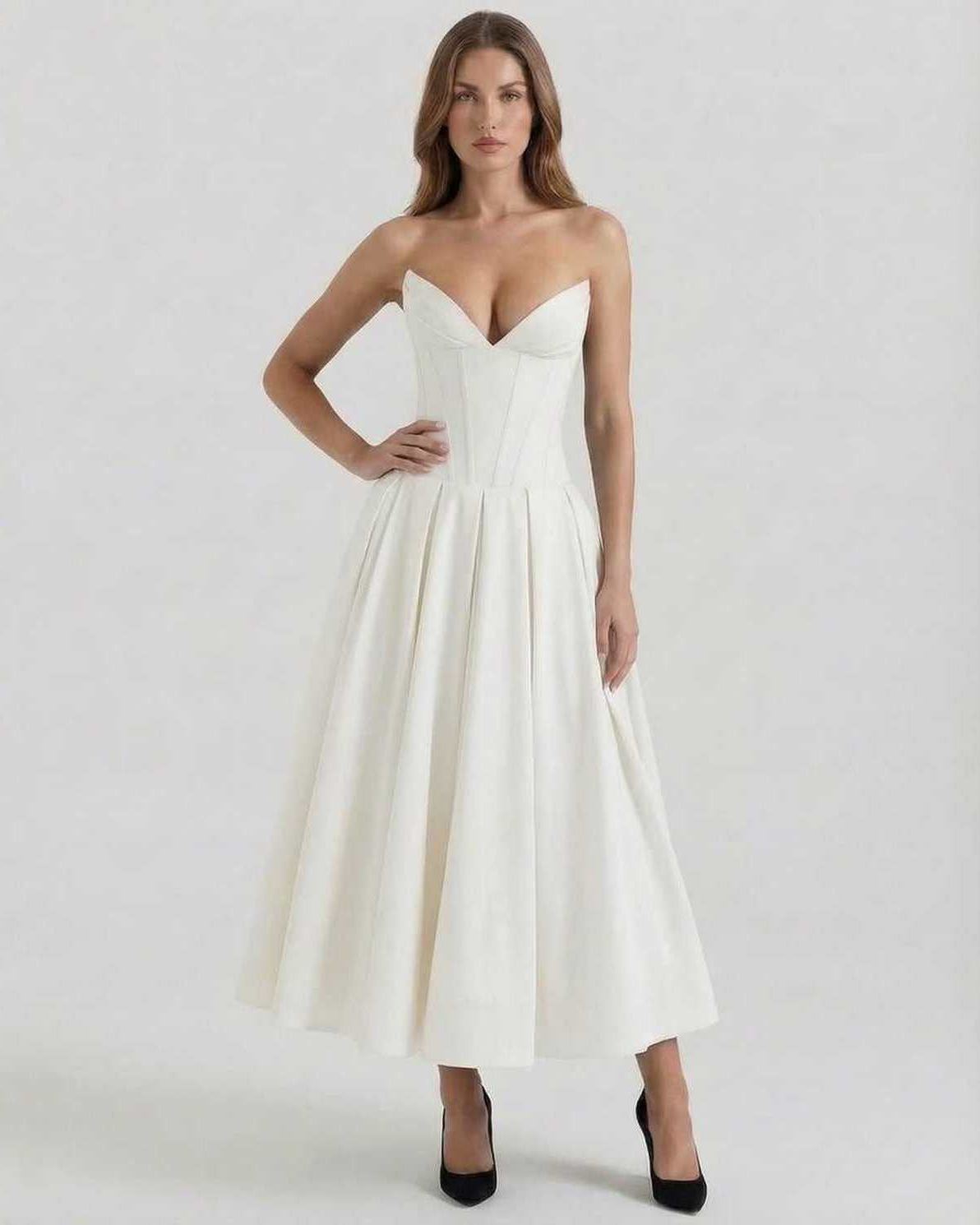 Caro Midi Dress by RAMBLION, elegant strapless design, white velvet, perfect for special occasions, refined silhouette.