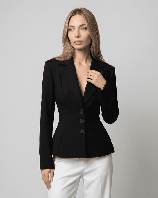 Celeste Blazer by RAMBLION featuring fitted waist, V-neck, and tailored silhouette for modern workwear.