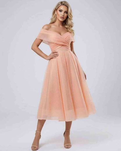 Celeste Midi Dress by RAMBLION, sexy off shoulder elegant fashion dress in peach, perfect for special occasions.