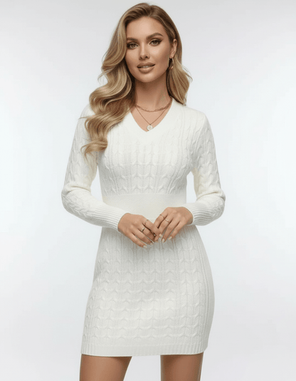 Celeste Mini Dress - Elegant ivory cable knit v-neck dress with elastic waist by RAMBLION.