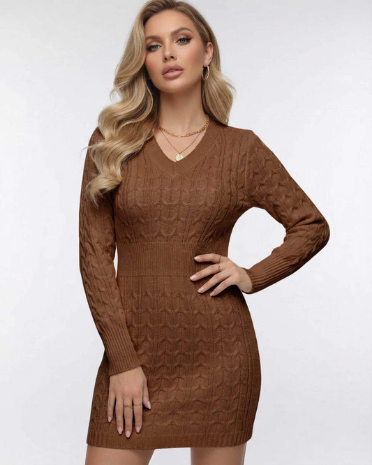 Chestnut Mini Dress by RAMBLION – Elegant cable knit V-neck dress in rich chestnut brown.