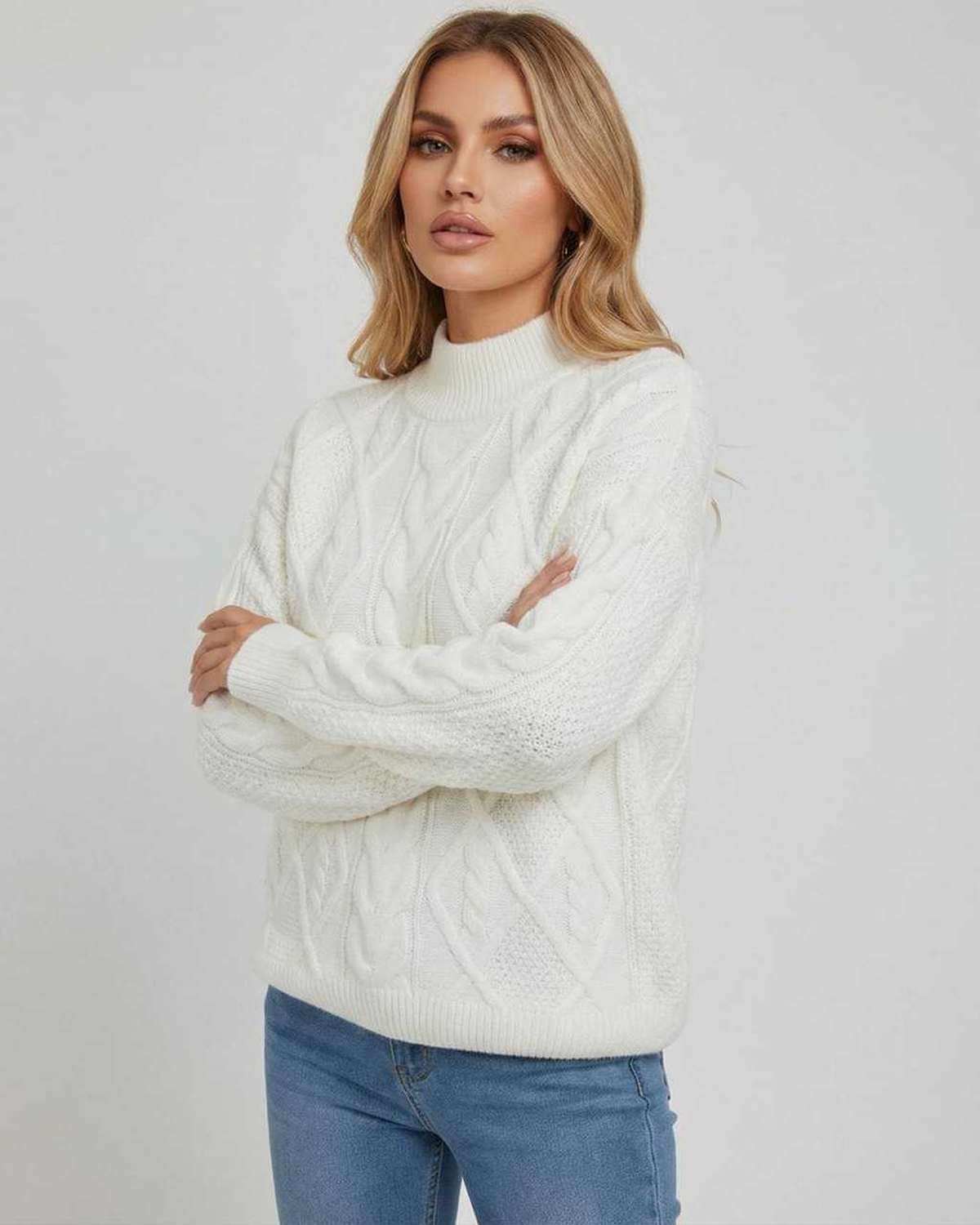 Chiffon Sweater by RAMBLION, oversized cable knit design, cozy feel for stylish outings, 100% Cotton, white.