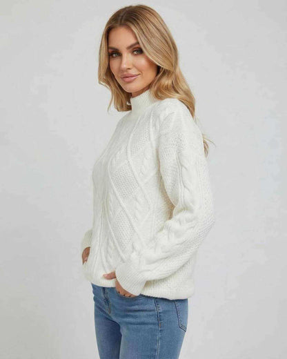 Chiffon Sweater by RAMBLION, cozy white oversized cable knit, perfect for stylish outings and everyday wear.