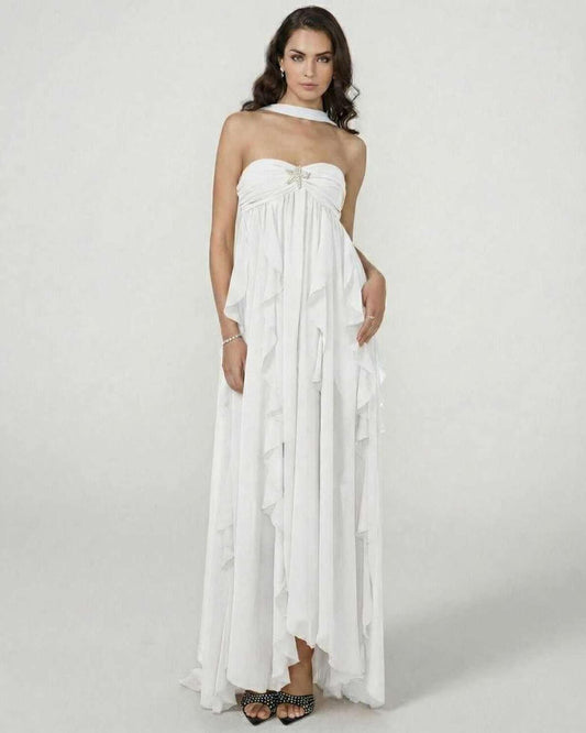 Clariona Maxi Dress by RAMBLION - Strapless white ankle-length gown with ruffle detail for elegant summer style