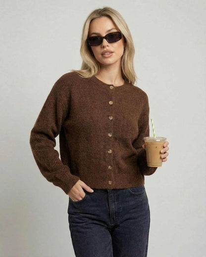 Cocoa Cardigan by RAMBLION, relaxed fit, button-front knit cardigan in brown, styled with sunglasses and iced coffee.