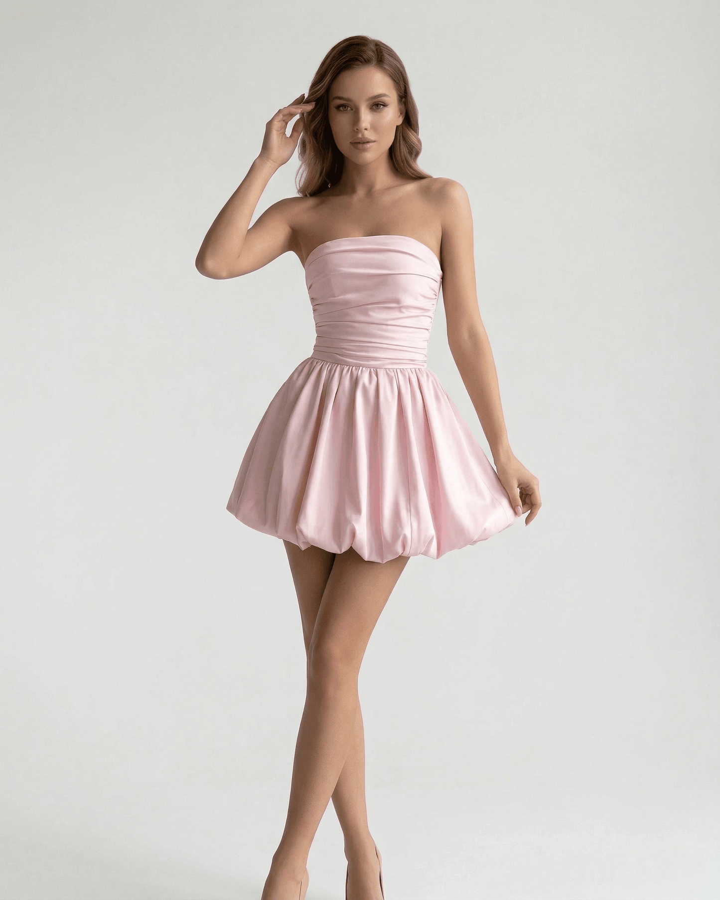 Corduroy Mini Dress by RAMBLION, pink strapless A-line silhouette, perfect for summer events, comfortable and charming.