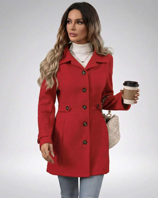 Crimson Sculpt Jacket displayed by a model, showcasing elegant slim fit and tailored design in a vibrant red color.