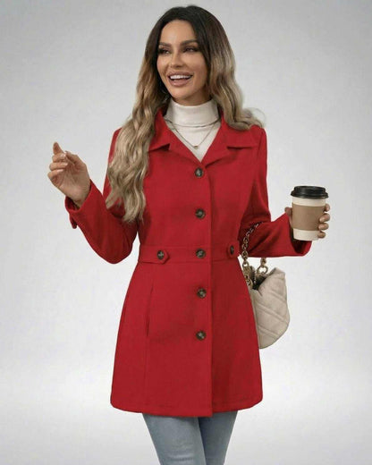 Women in a red Crimson Sculpt Jacket, showcasing tailored fit and modern elegance, holding a coffee cup.