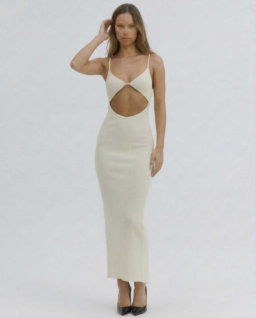 Xeva Midi Dress in cream with cut-out details, perfect for summer evenings or special occasions, by RAMBLION.