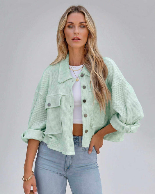 Elara Jacket - Women’s mint green cropped jacket with oversized fit and textured finish.