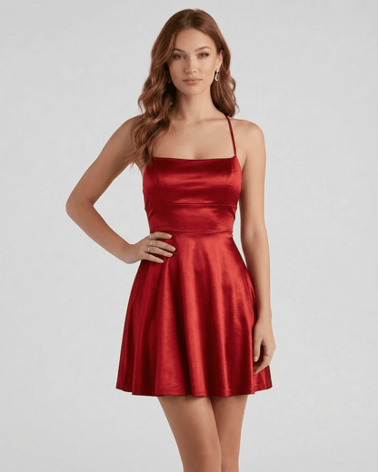 Elbe Mini Dress in ruby red satin, featuring a square neck and A-line silhouette, perfect for special occasions; by RAMBLION.