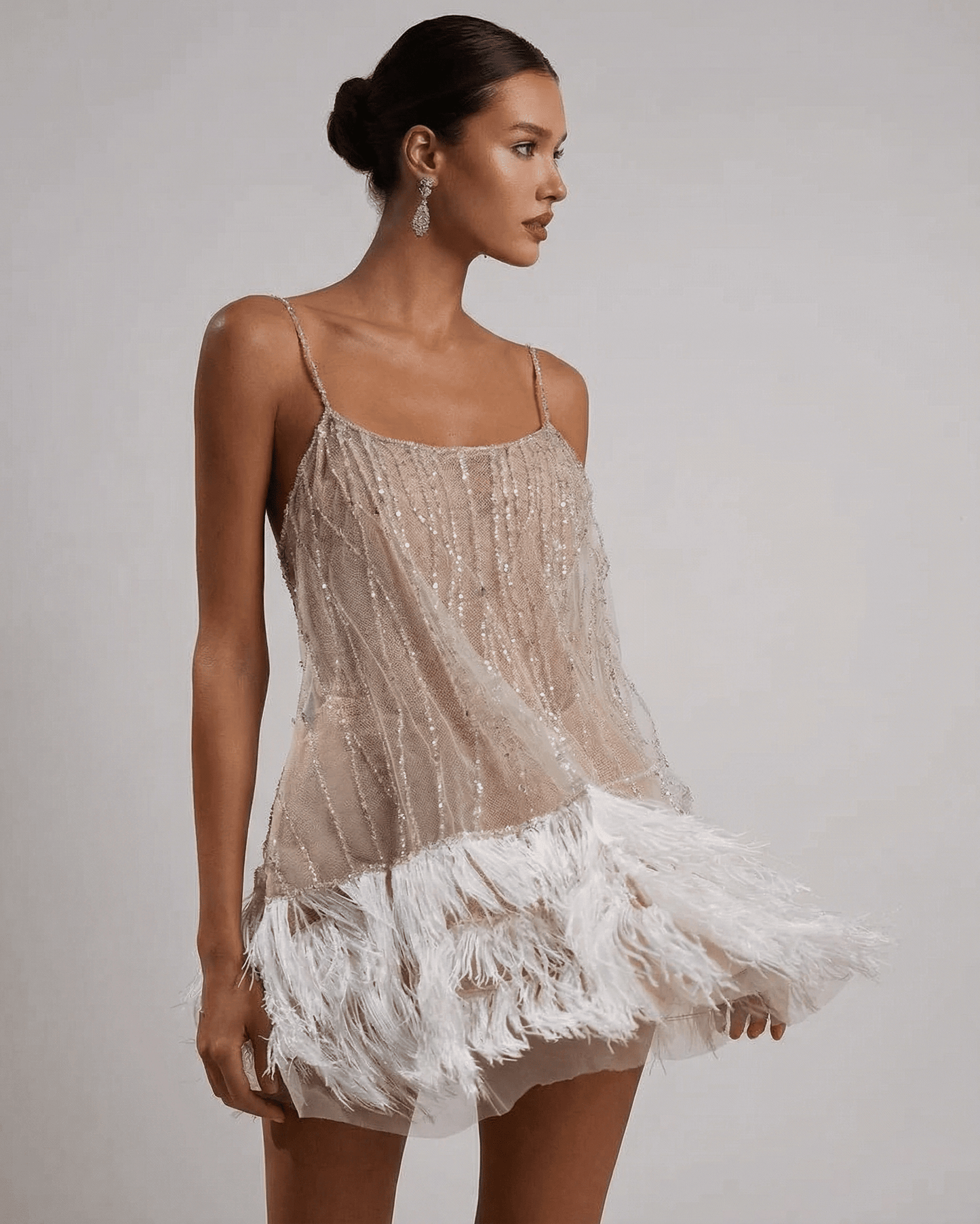 Jara Mini Dress, beige tulle with sequins and feather details, elegant style for special occasions, by RAMBLION.