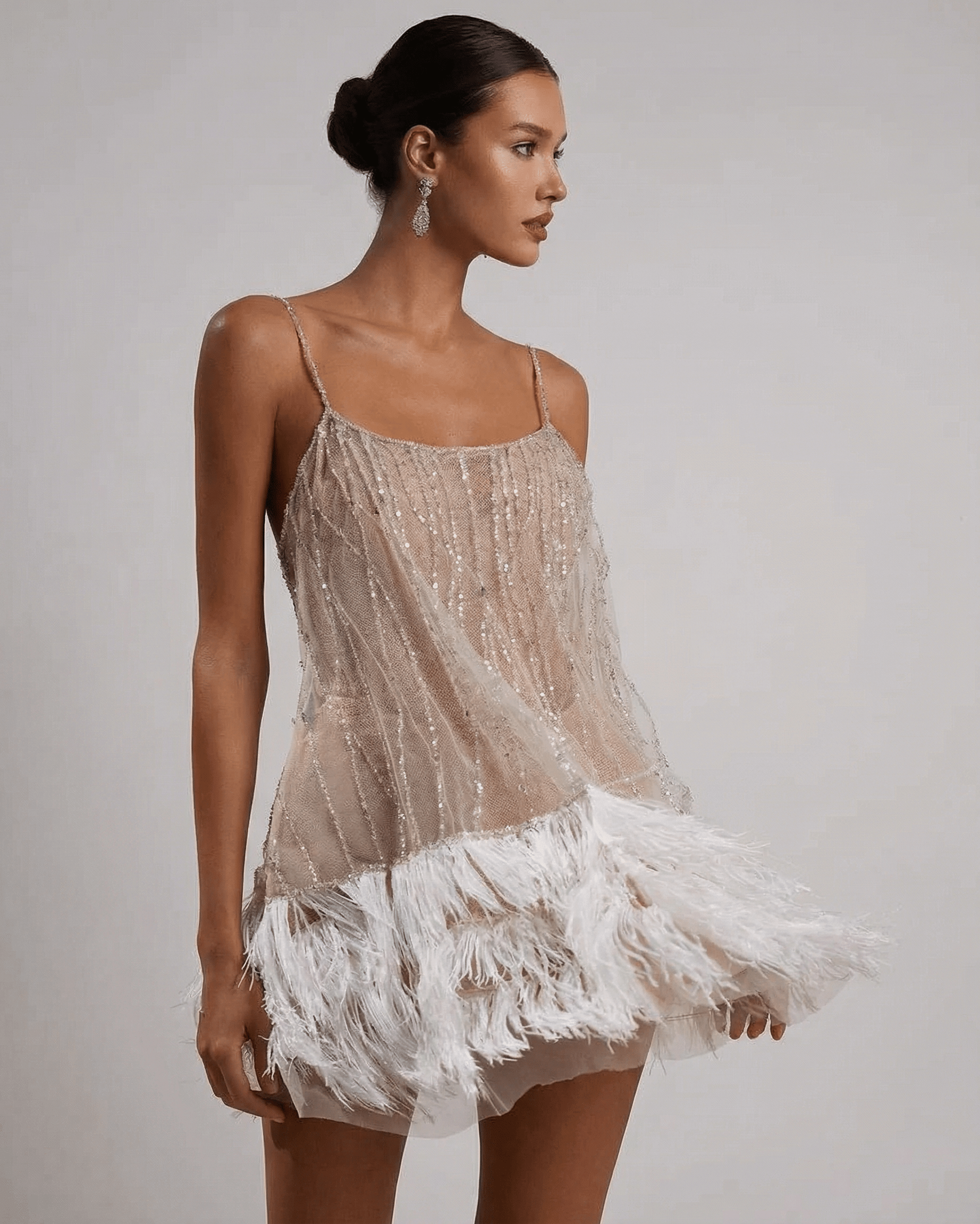 Jara Mini Dress, beige tulle with sequins and feather details, elegant style for special occasions, by RAMBLION.
