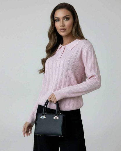 Elif Sweater in pink, featuring a collar and ribbed texture, perfect for casual and office wear. By RAMBLION.