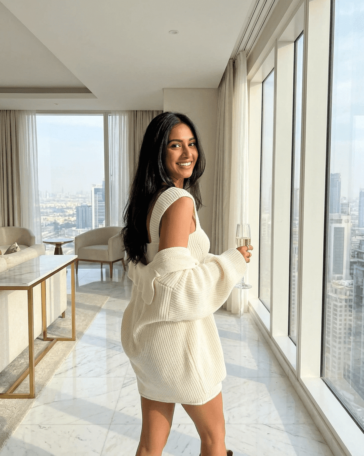 Elysia Mini Dress worn by woman in a bright room with large windows, holding a glass and smiling.