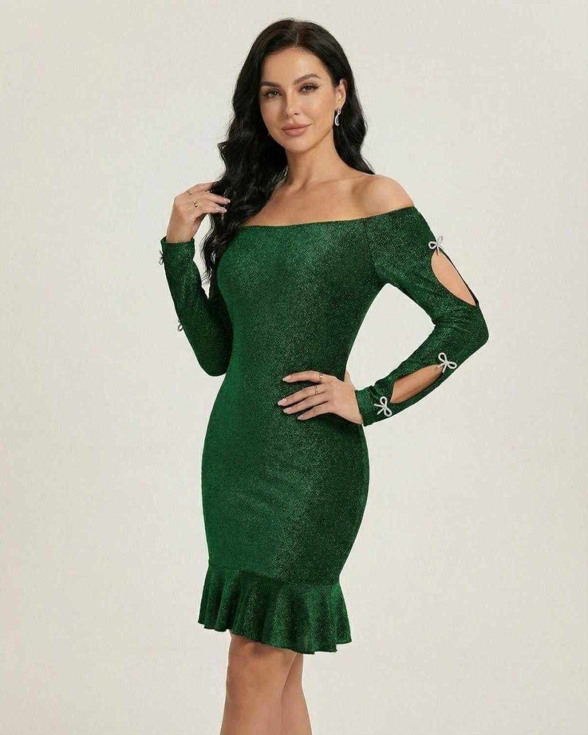 Embossed Mini Dress by RAMBLION, green cotton blend, off-the-shoulder design, perfect for formal occasions.