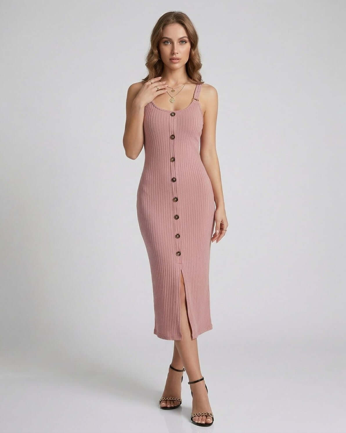 Embroidered Midi Dress by RAMBLION, featuring sleeveless design, button details, elegant pink hue, perfect for special occasions.