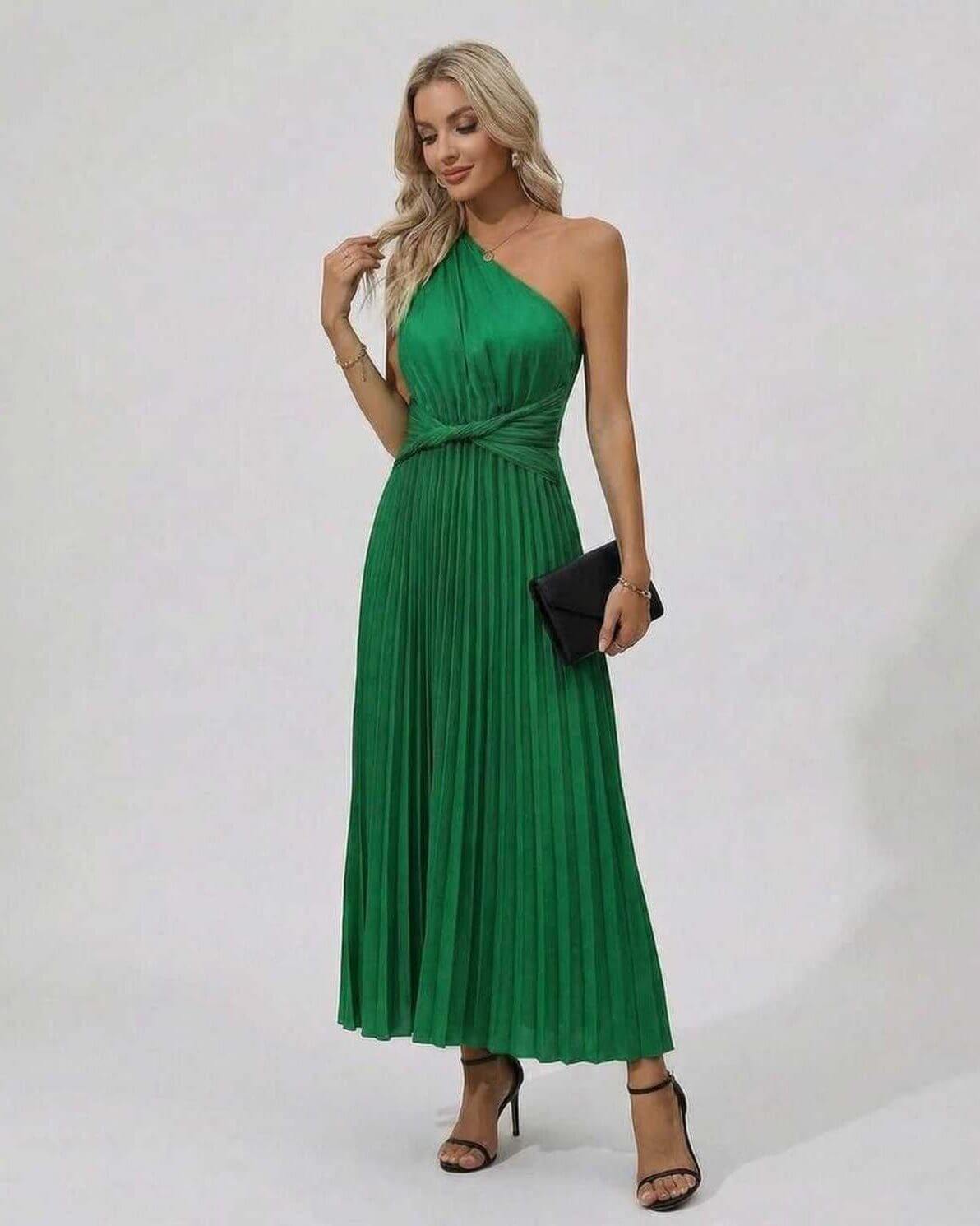 Emerald Midi Dress styled with pleated hem, one-shoulder twist front in green, perfect for elegant occasions.