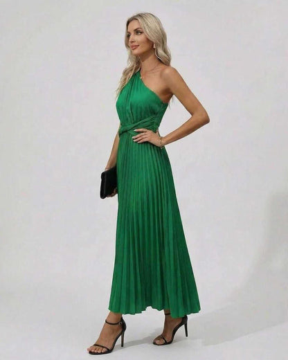 Emerald Midi Dress featuring a one-shoulder design and pleated hem in vibrant green, from RAMBLION.