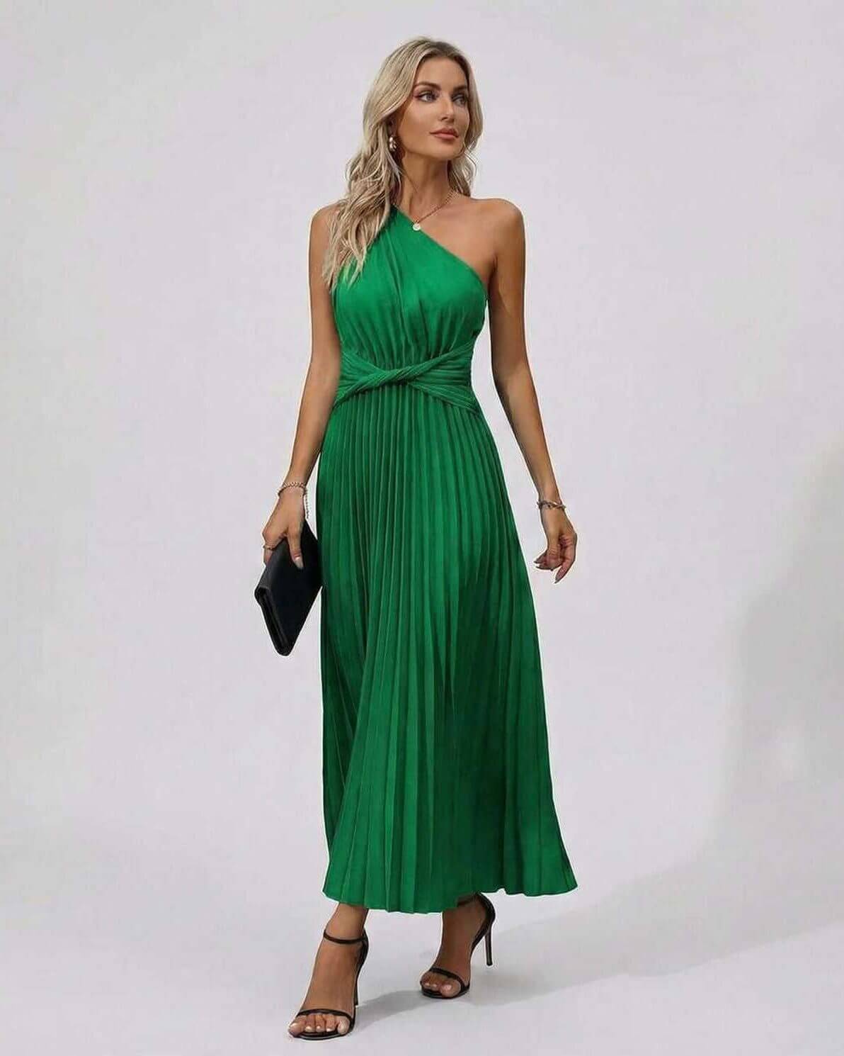 Emerald Midi Dress by RAMBLION, featuring a one-shoulder twist front and pleated hem in vibrant green.
