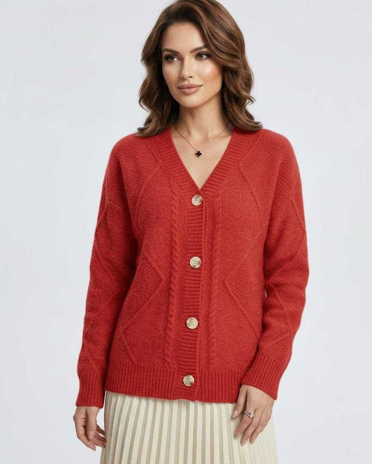 Fern Cardigan by RAMBLION, red knit with V-neck, cozy design for warmth and style, perfect for layering.