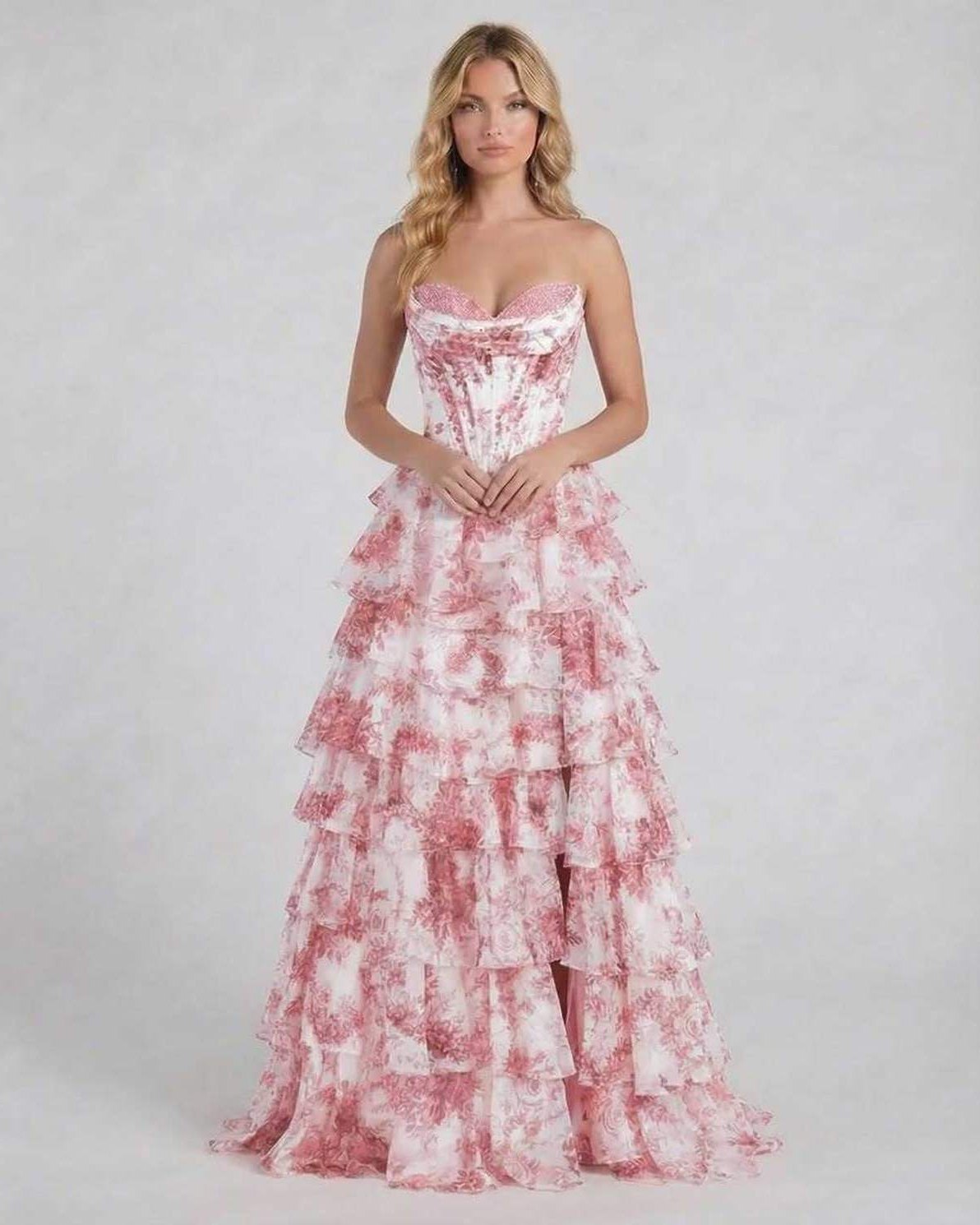 Filo Maxi Dress by RAMBLION, elegant strapless pink floral tiered design, perfect for special occasions.