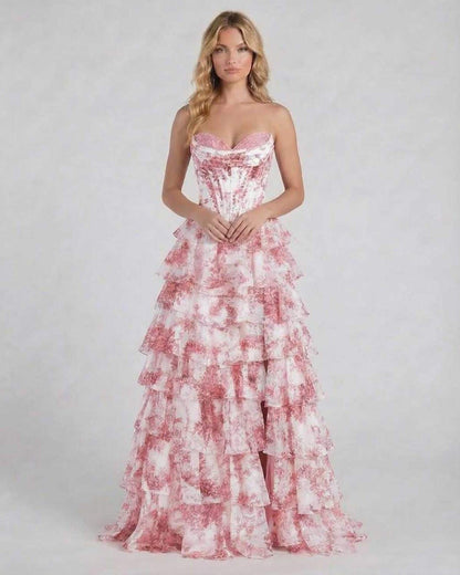Filo Maxi Dress by RAMBLION, elegant strapless pink floral tiered design, perfect for special occasions.