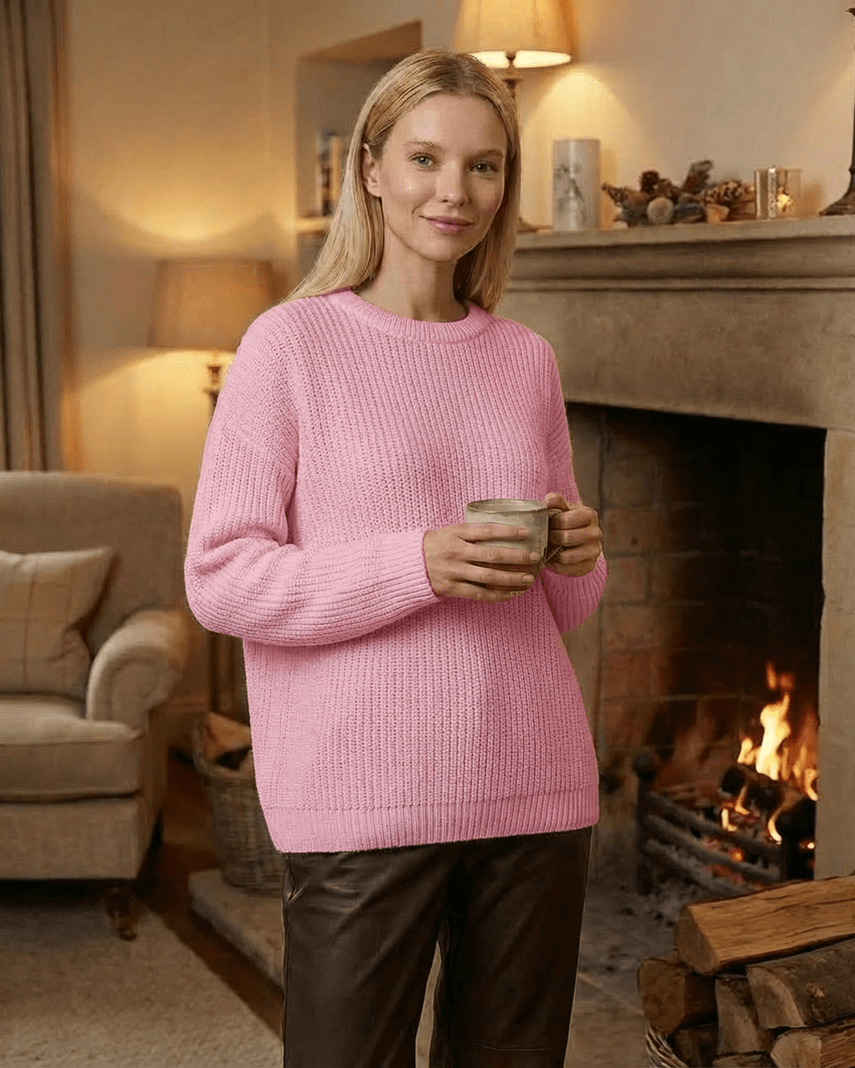 Fiora Sweater in pink, loose fit thick ribbed knitwear with round neck, cozy style near a fireplace.