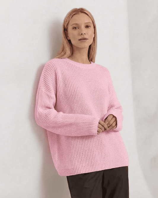 Fiora Sweater in soft pink, loose fit thick ribbed knitwear with round neck, perfect for fall and winter seasons.