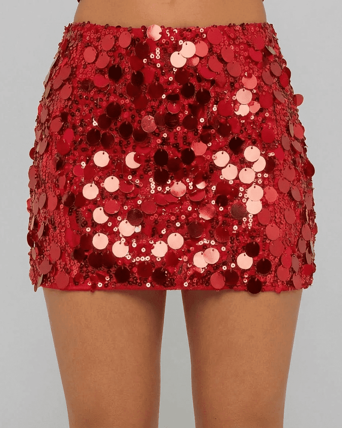 Flamenco Mini Skirt in red sequin finish, A-line bodycon style for vibrant party looks.