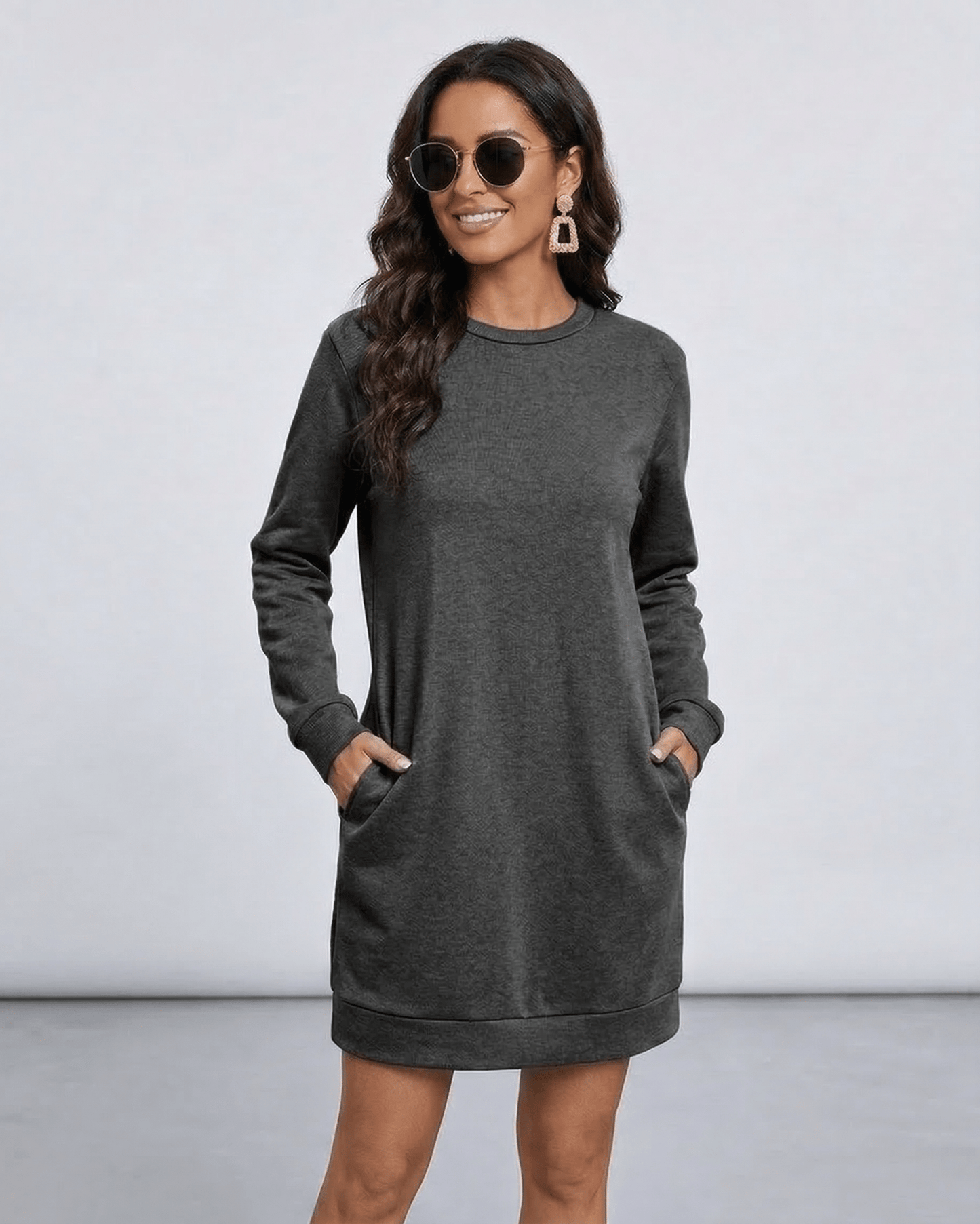 Fleece Mini Dress by RAMBLION, grey soft cotton blend, relaxed fit, perfect for casual occasions, stylish and comfortable.