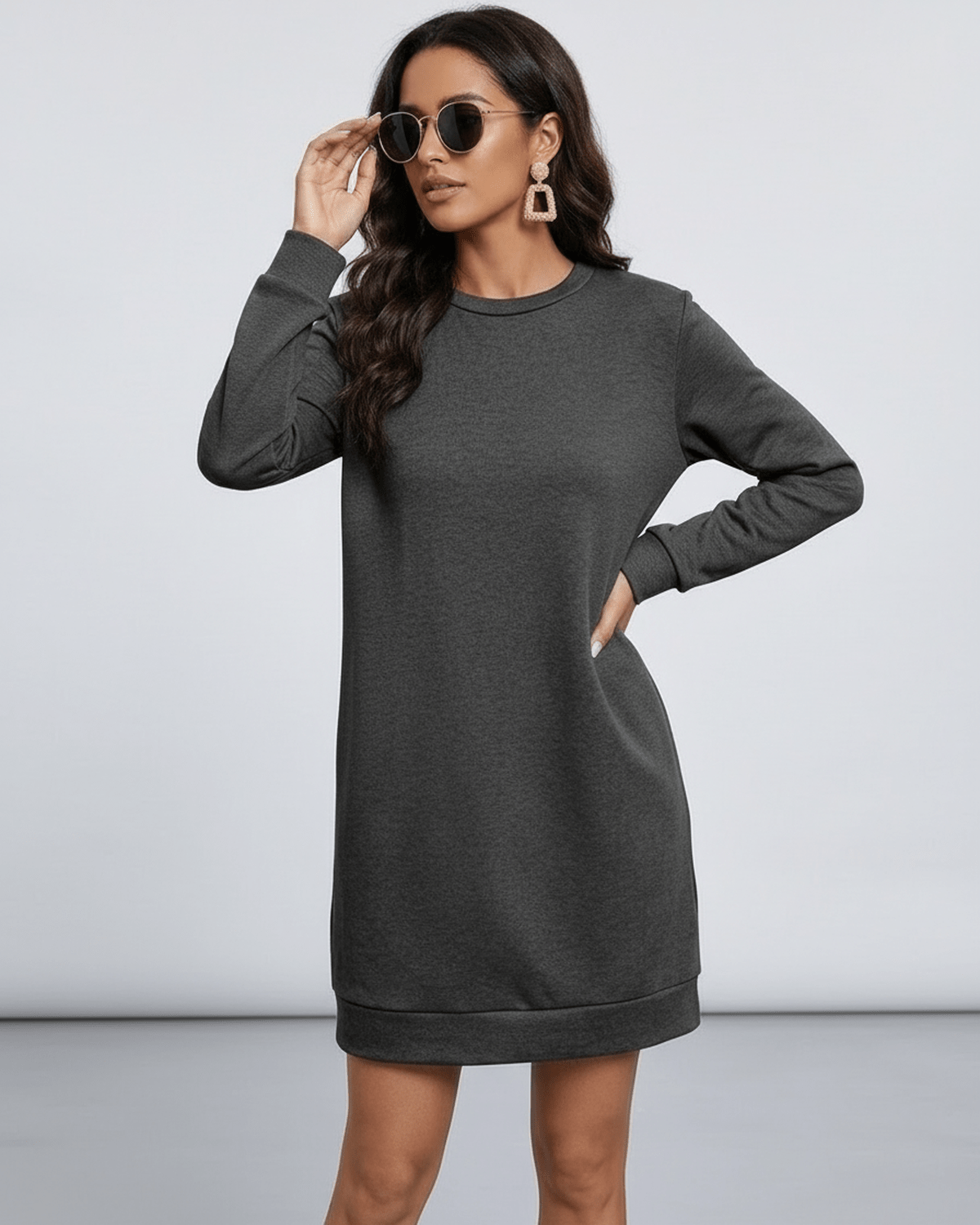Fleece Mini Dress by RAMBLION in grey, 100% cotton, relaxed silhouette, soft feel, casual wear for various occasions.