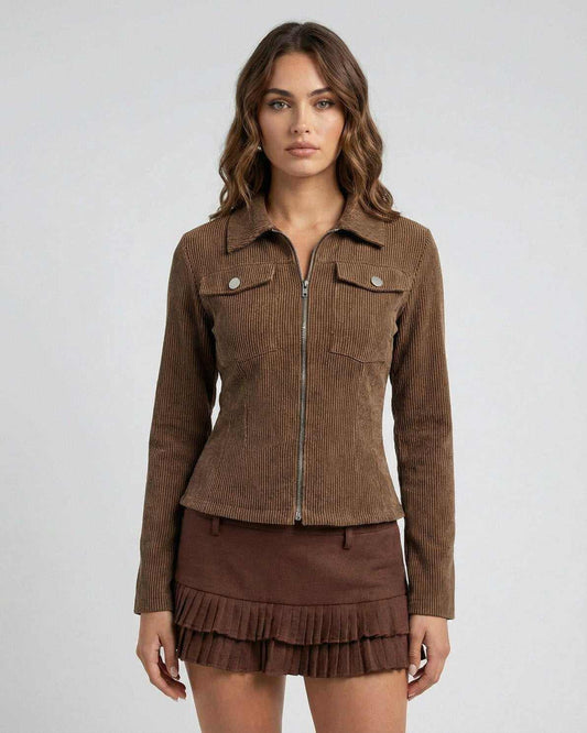 Florence Jacket - Women's brown corduroy jacket with zipper and tailored fit.