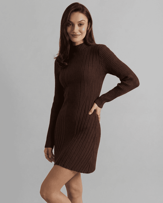 Florence Mini Dress by RAMBLION in ribbed knit with mock neck and long sleeves, showcasing modern A-line silhouette.