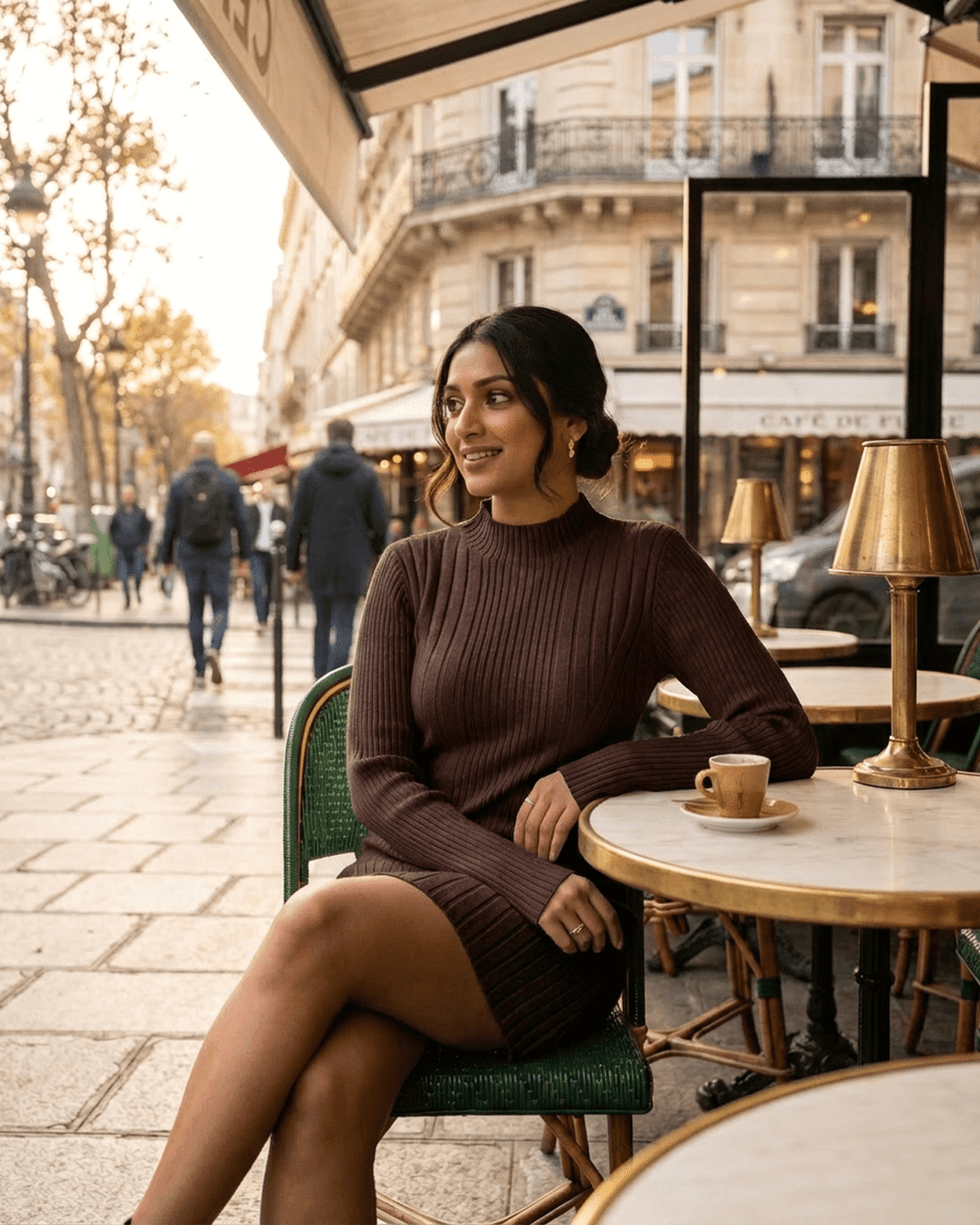 Model wearing Florence Mini Dress, a ribbed knit long sleeve dress, sitting at a cafe enjoying coffee.